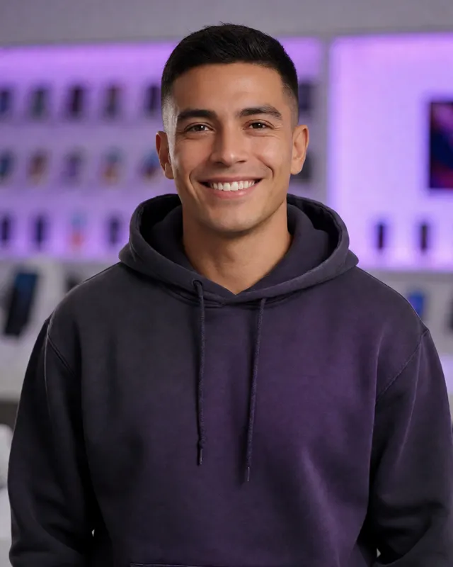 Lucas, asistente virtual para tecnología y celulares, con buzo oscuro