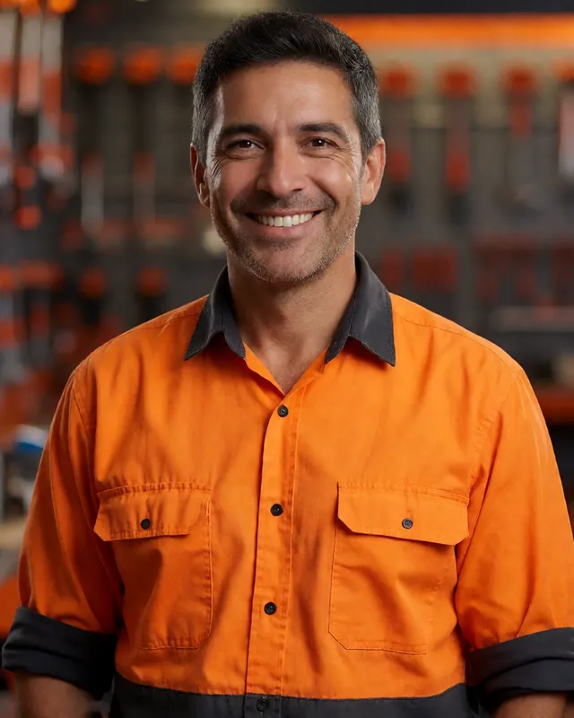 Tomás, asistente virtual para ferreterías, con camisa de trabajo naranja